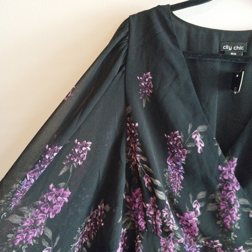 City Chic Black & Purple Floral Print Faux Wrap Balloon Sleeve Midi Dress NWT - Picture 4 of 9